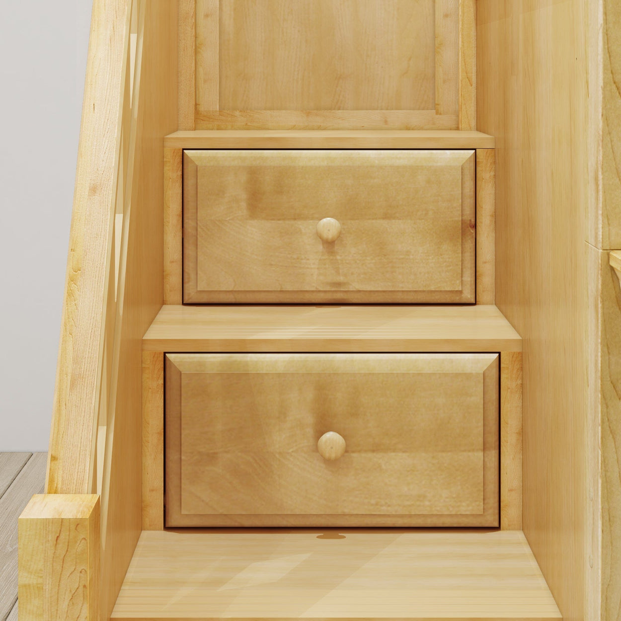 Wooden stair drawers for space-saving storage solutions in modern homes.