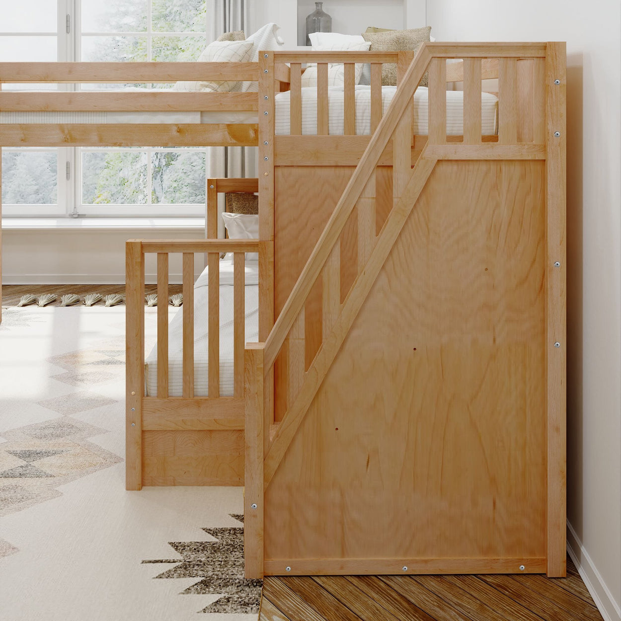 Wooden loft bed with storage underneath in a bright bedroom.