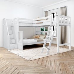White wooden bunk bed with stairs and ladder in a bright, modern bedroom with wooden flooring.