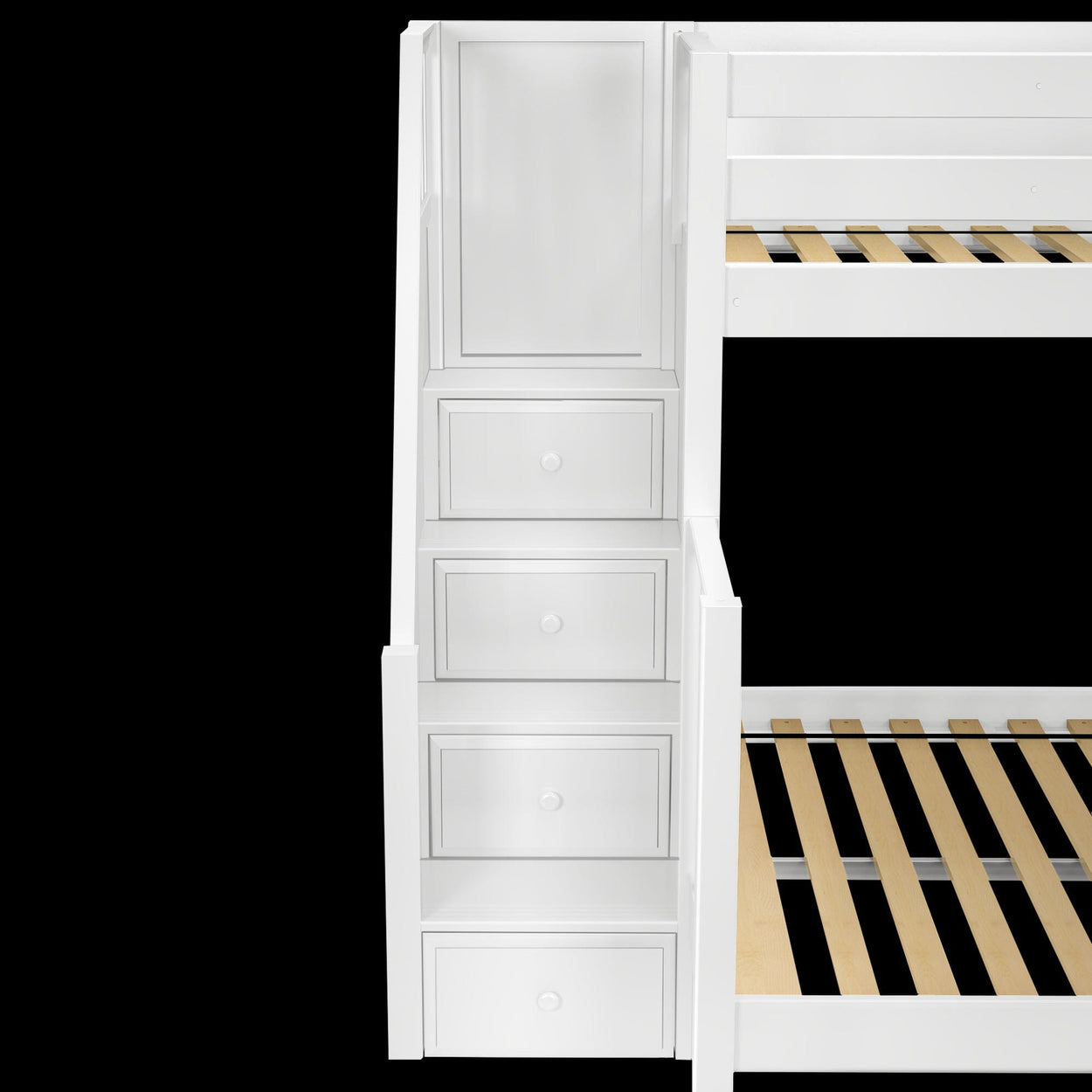 White wooden bunk bed with storage drawers and ladder steps, perfect for kids' room organization.