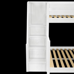 White wooden bunk bed with storage drawers and ladder steps, perfect for kids' room organization.