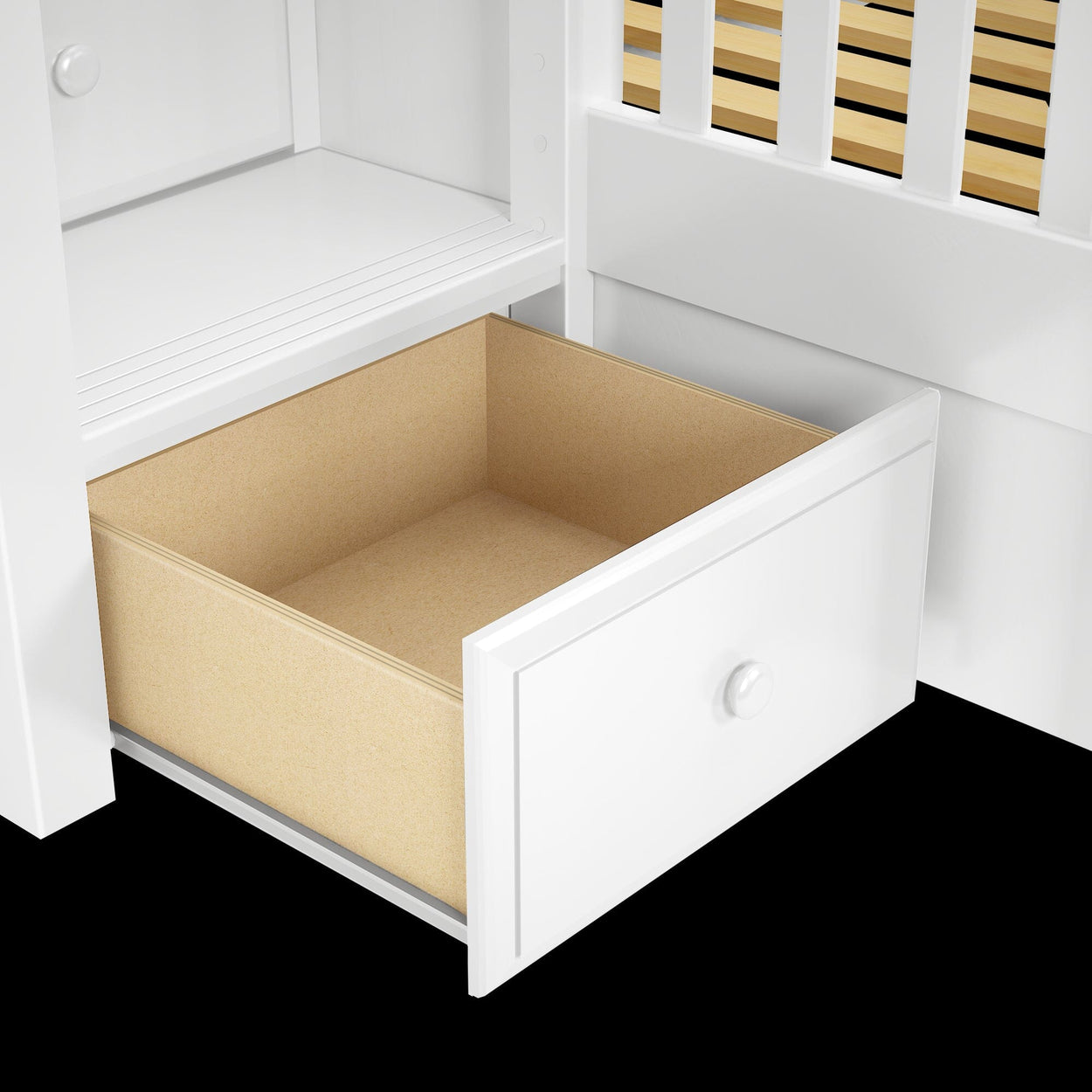 White wooden drawer with open storage space, perfect for organizing home essentials.