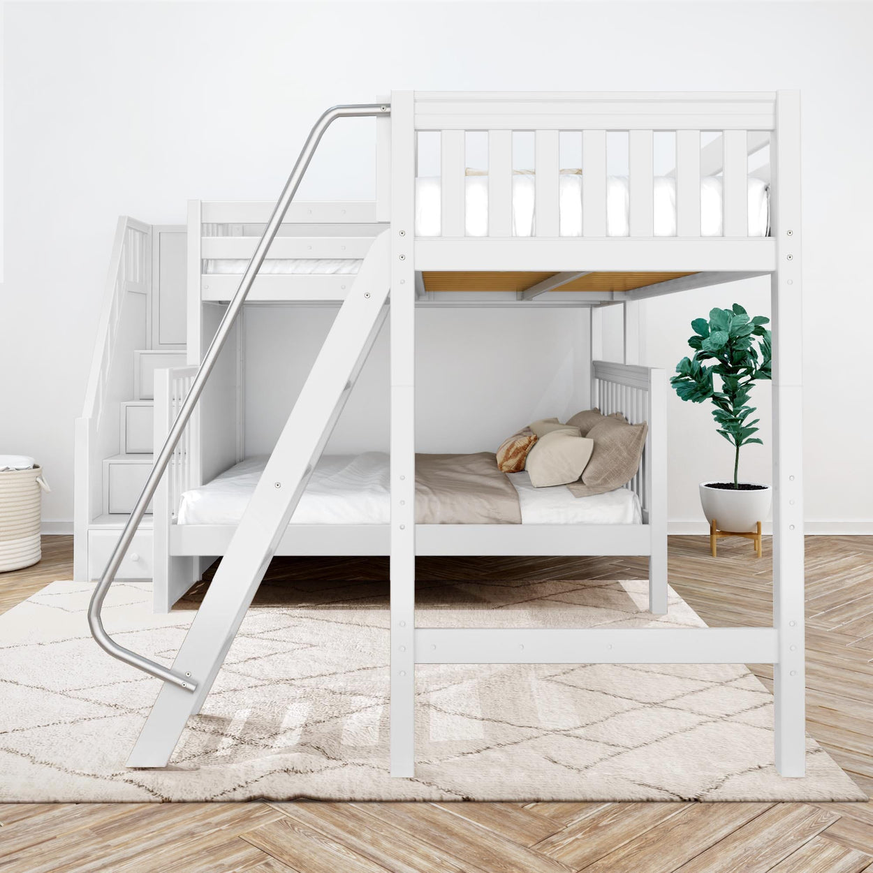 White wooden loft bunk bed with stairs, modern bedroom furniture design.