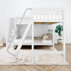 White wooden loft bunk bed with stairs, modern bedroom furniture design.