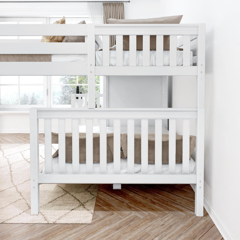 White wooden bunk bed with slatted guardrails and neutral beige bedding in a bright modern kids' bedroom with hardwood floors, area rug, and large window