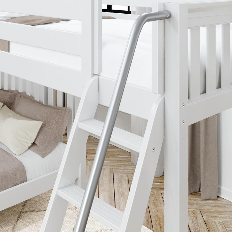 White wooden bunk bed ladder with silver metal handrail, beige neutral bedding and wood plank flooring — modern kids bedroom safety rail