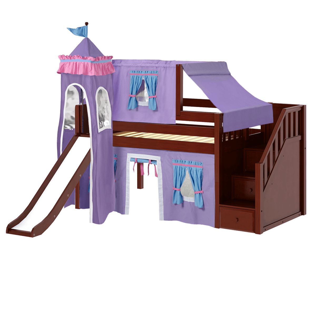 Purple castle-themed loft bed with slide and stairs for kids.