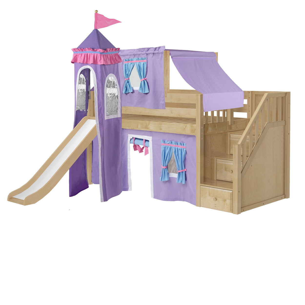 Purple castle-themed kids play bed with slide and stairs.