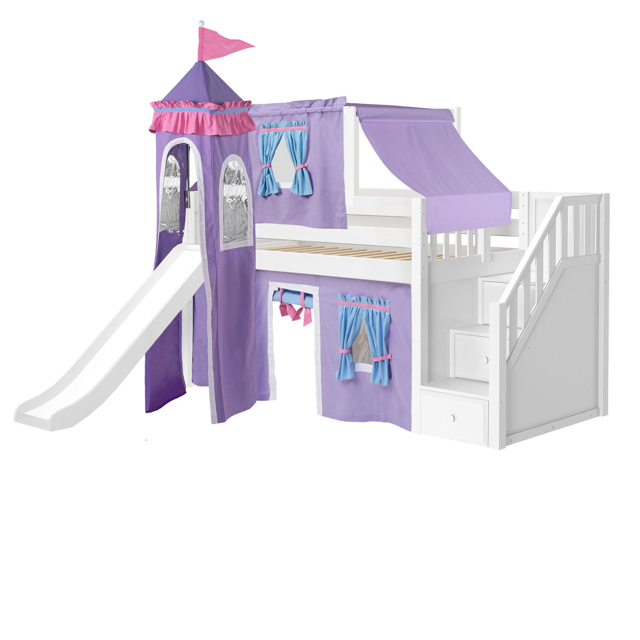 Purple and white princess castle-themed loft bed for kids with slide and curtains.