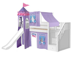 Purple castle-themed kids loft bed with slide and playhouse curtains.