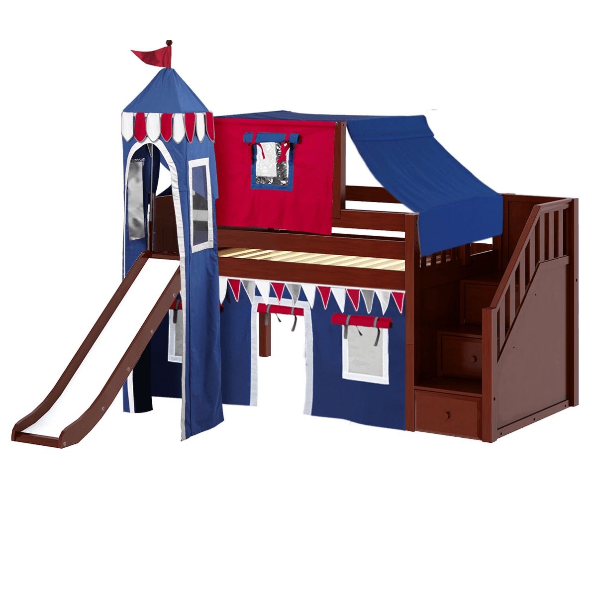 Children's wooden castle-themed loft bed with slide and storage.