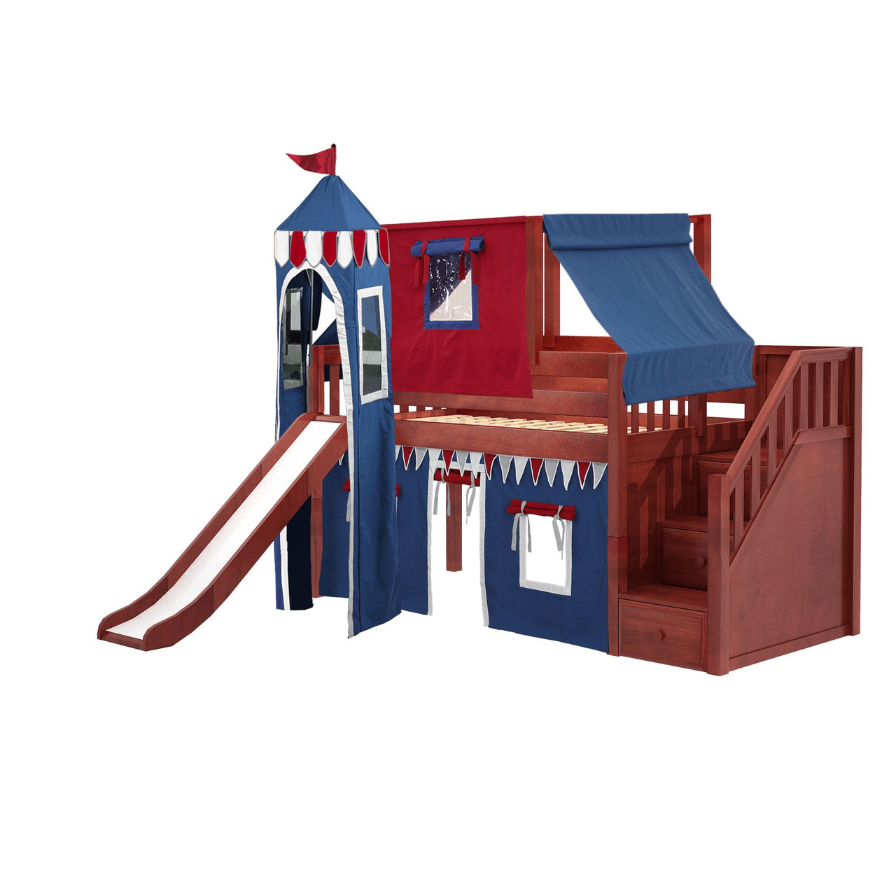 Kids' castle-themed wooden bunk bed with slide and playhouse curtain in blue and red colors.