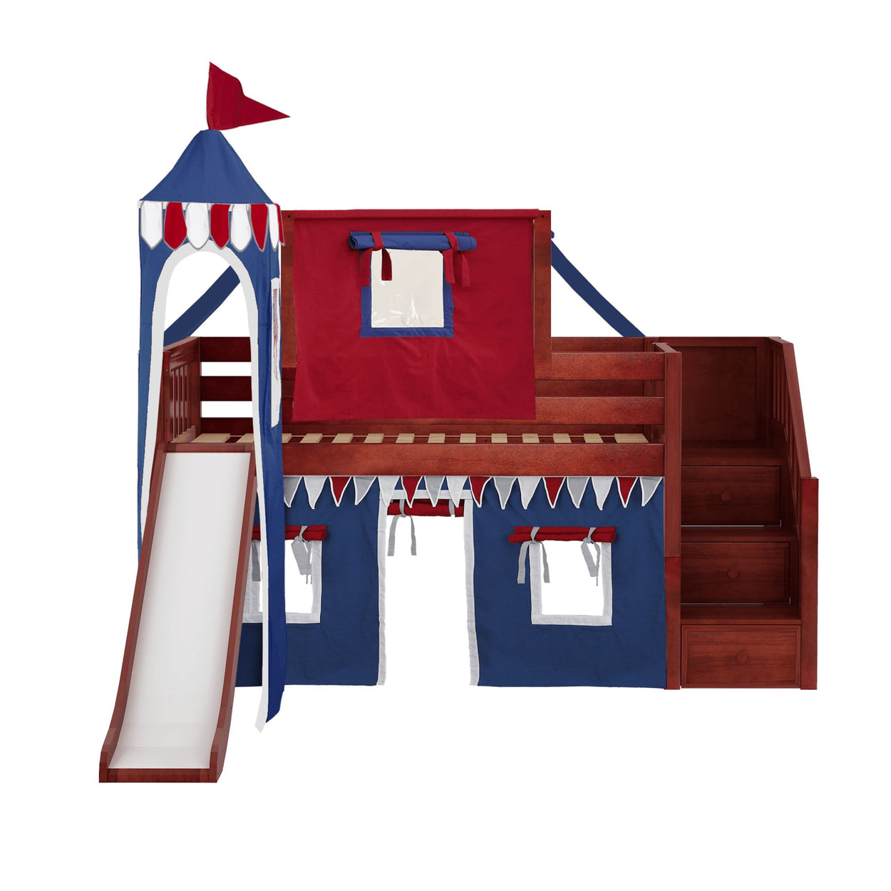 Loft bed for kids with slide and playhouse design featuring a red and blue castle theme.