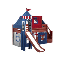 Children's wooden playhouse bed with slide, blue and red tent-themed design.