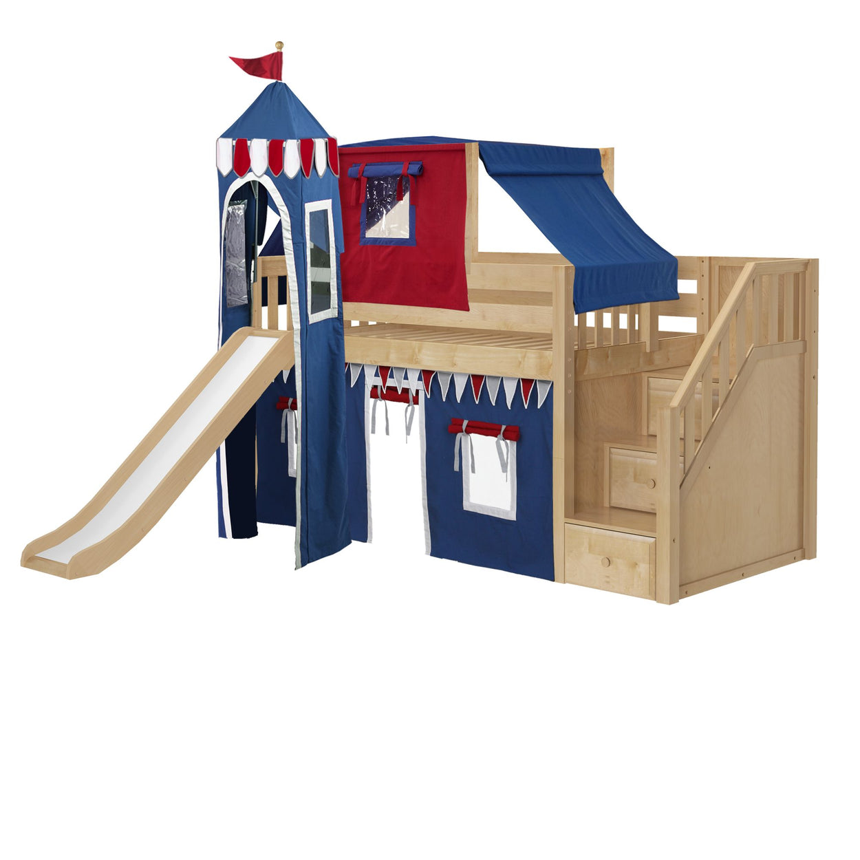 Children's wooden loft bed with blue and red play castle design, featuring a slide and stairway for fun and safety.