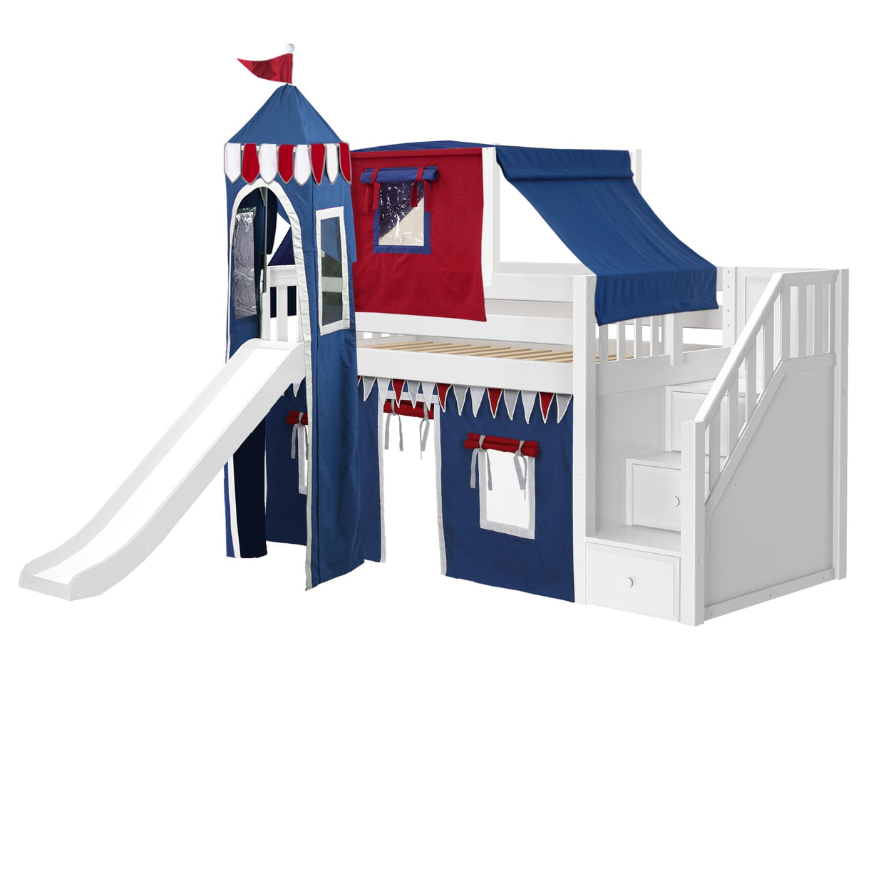 Children's loft bed with slide and play tent, red and blue castle theme, white staircase with storage drawers.