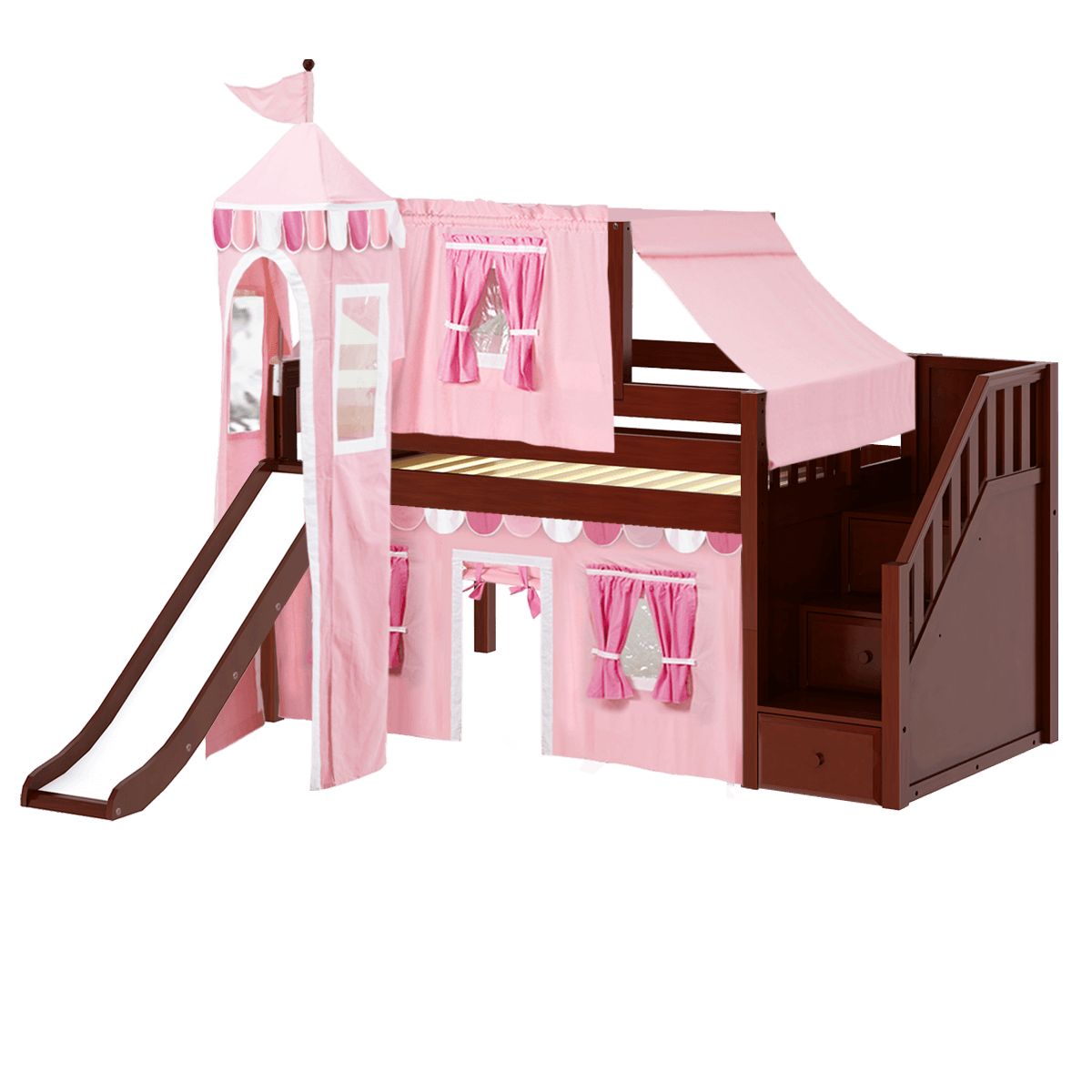 Loft bed for kids with slide and pink castle-themed curtains.