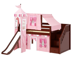 Loft bed for kids with slide and pink castle-themed curtains.