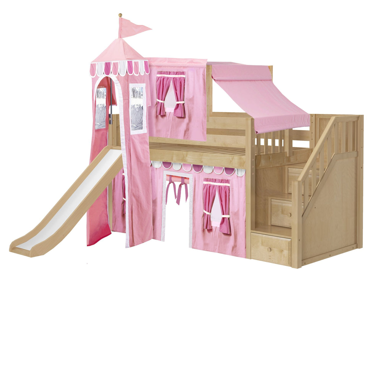 Pink princess castle-themed loft bed for kids with slide and stairs.