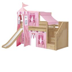Wooden bunk bed with pink princess castle theme and slide for kids' bedroom.