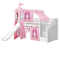 Pink and white kids loft bed with slide, playhouse design, and stairs with storage drawers.
