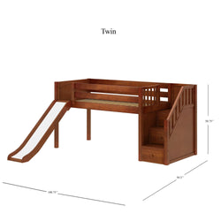 Twin wooden loft bed with slide and storage stairs.