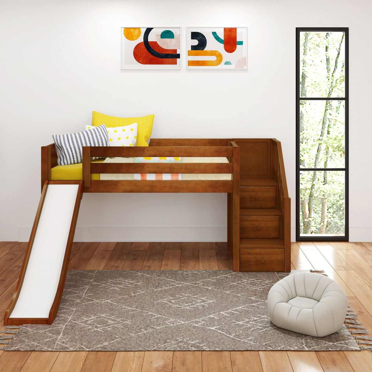 Wooden loft bed with slide and storage stairs in modern children's room with colorful wall art.