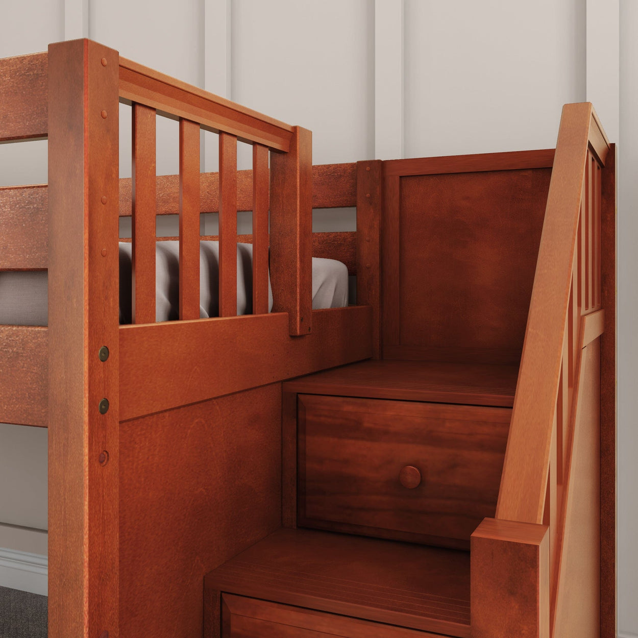 Wooden bunk bed with built-in storage stairs in modern bedroom setting.