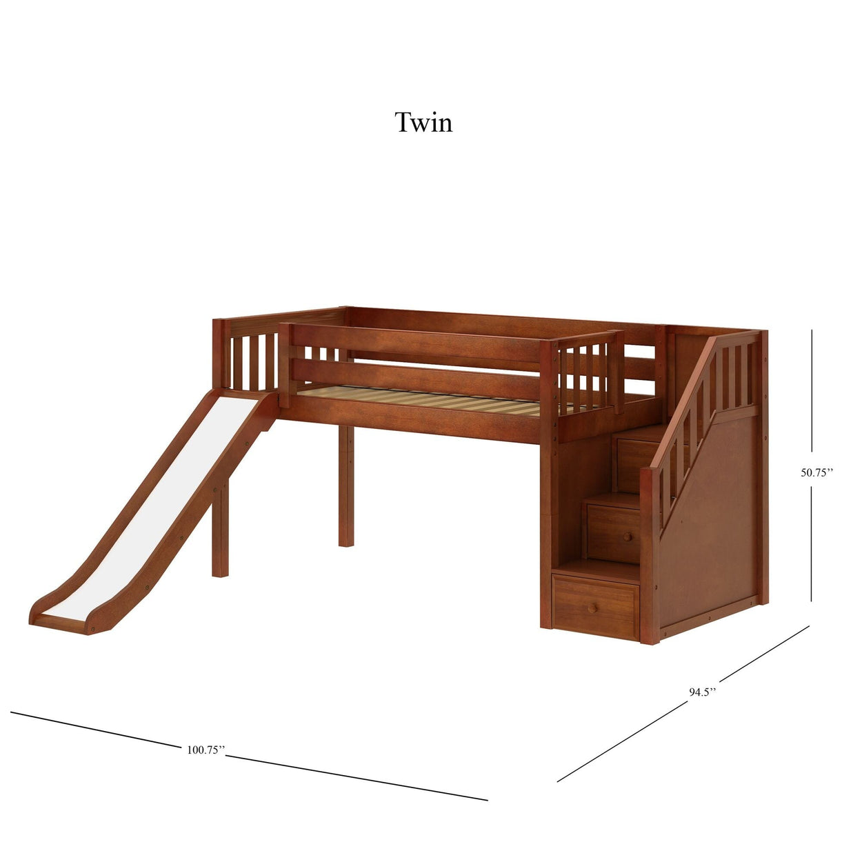 Twin wooden loft bed with slide and stairs, ideal for kids' bedroom furniture.