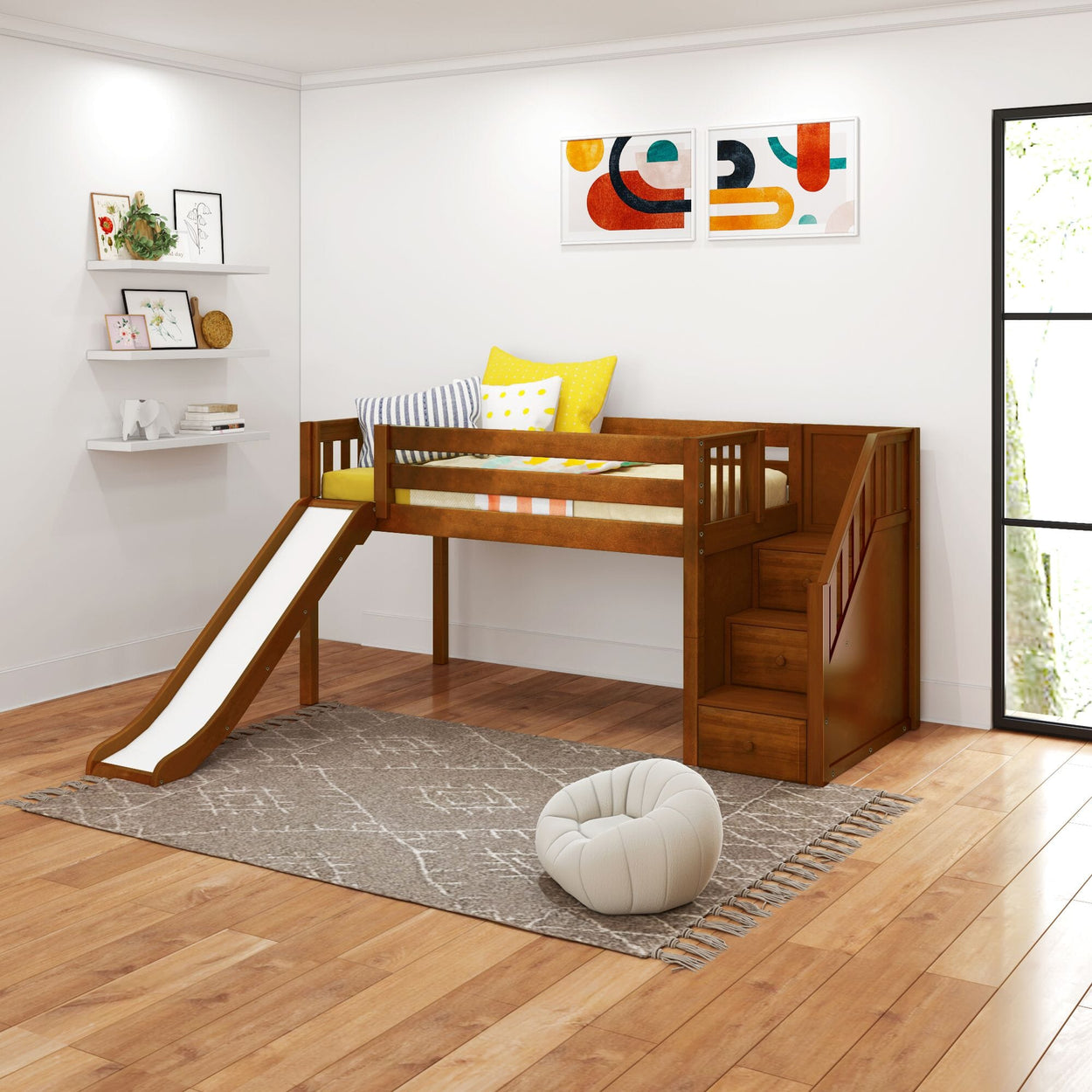 Children's wooden loft bed with slide and storage stairs in a modern playroom.