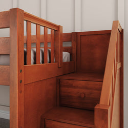 Modern wooden loft bed with integrated stairs and storage drawers in a cozy bedroom setting.