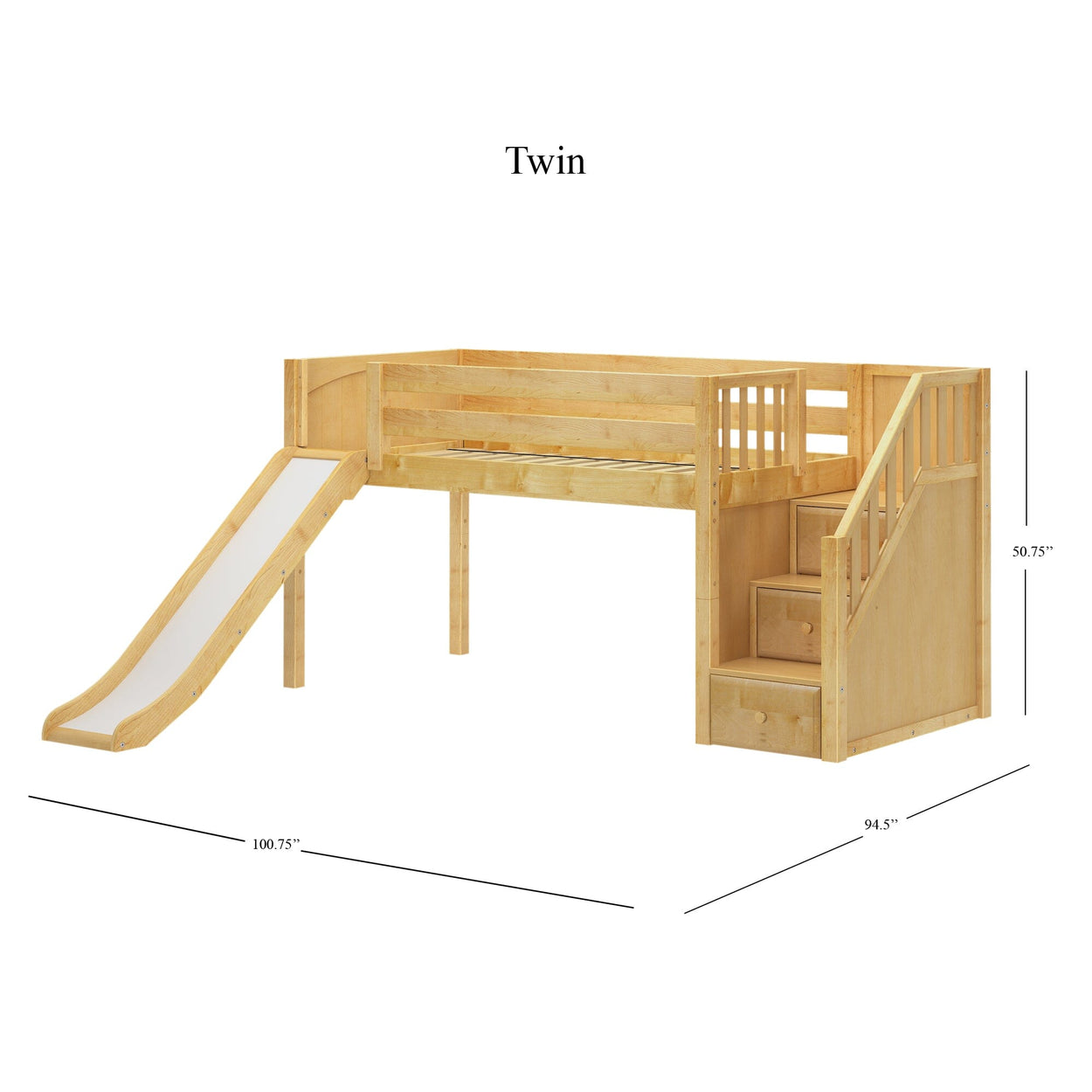 Twin wooden loft bed with slide and stairs, ideal for children's bedroom.