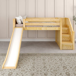 Wooden loft bed with slide and stairs featuring built-in storage drawers, perfect for children's bedroom play and organization.