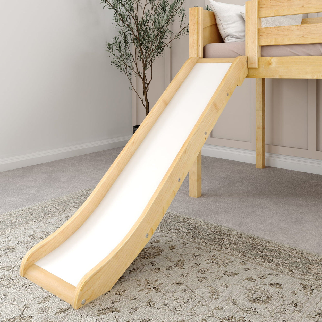 Wooden slide attached to a children's loft bed in a cozy bedroom setting.