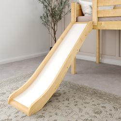 Wooden slide attached to a children's loft bed in a cozy bedroom setting.