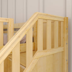Wooden bunk bed railing with natural finish in a modern bedroom.