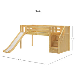 Twin wooden loft bed with slide and staircase, children's bedroom furniture dimensions.