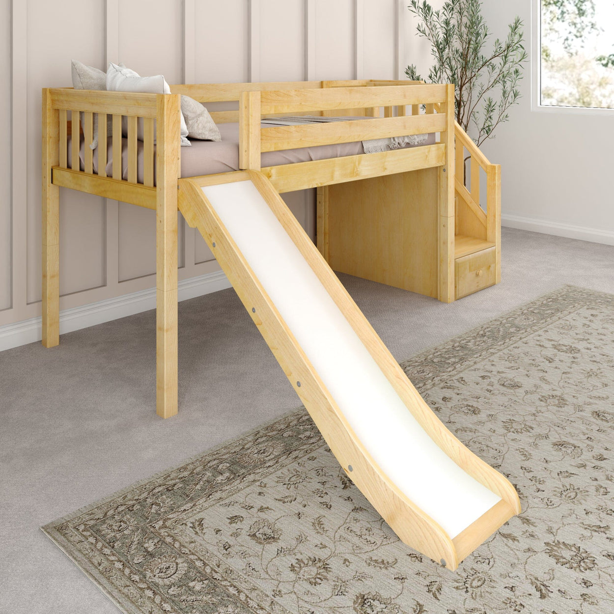Children's wooden loft bed with slide and stairs in modern bedroom.