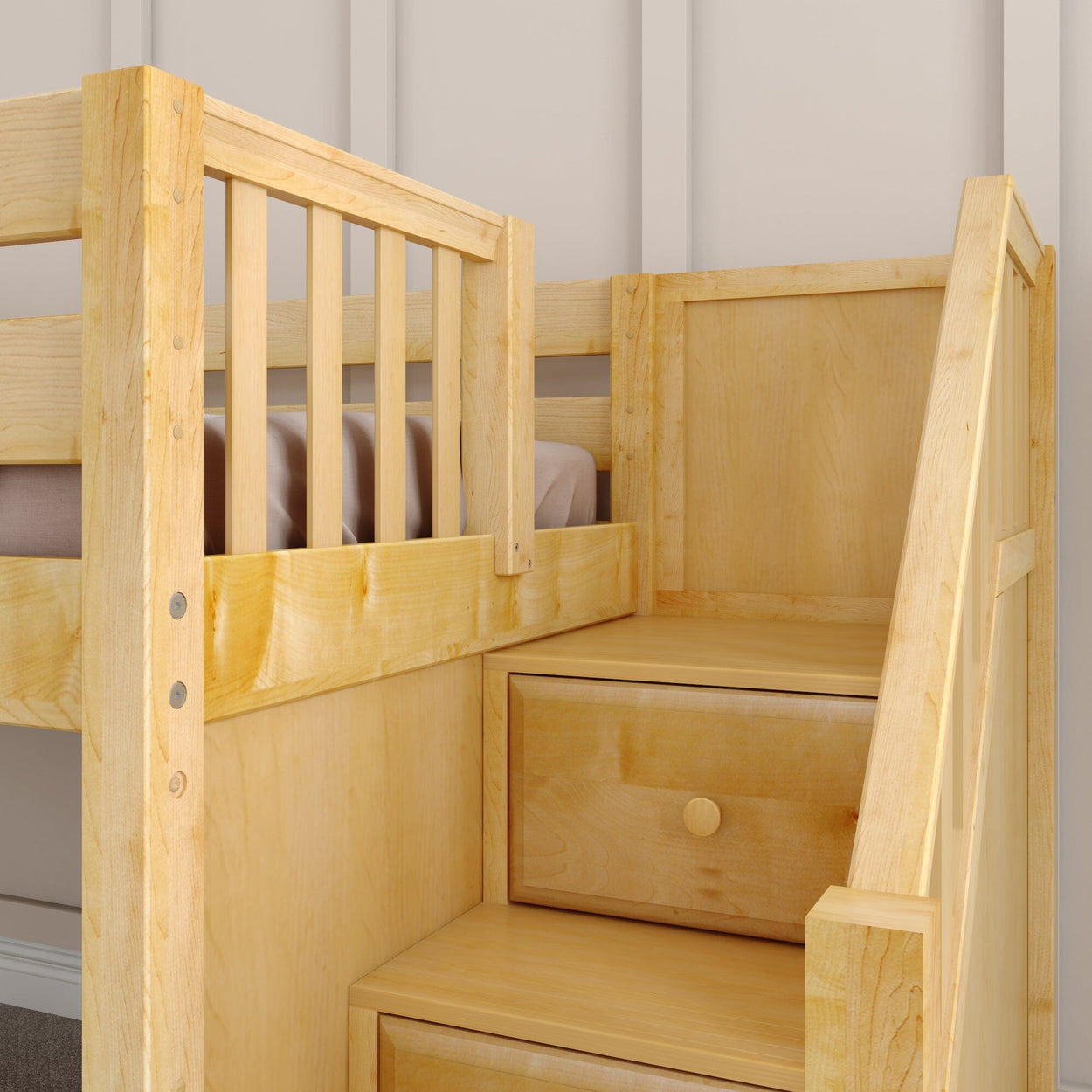 Wooden loft bed with built-in storage stairs in a modern bedroom setting.