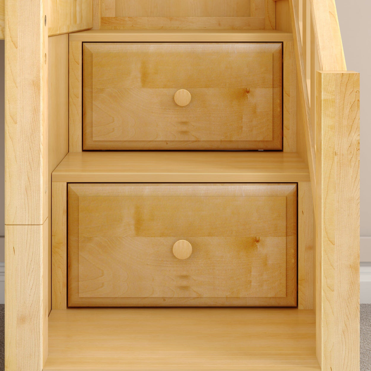 Wooden staircase with built-in storage drawers, perfect for maximizing space and adding functional home decor.