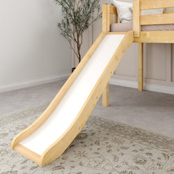 Wooden loft bed with slide and cozy bedding in modern children's room.