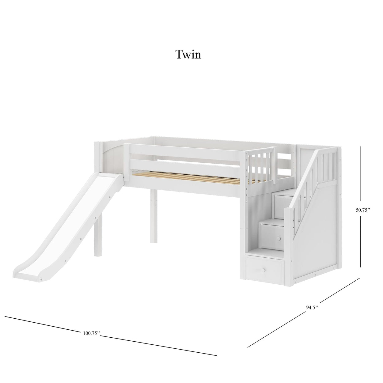 White twin loft bed with slide and stairs, featuring built-in storage drawers, dimensions included.