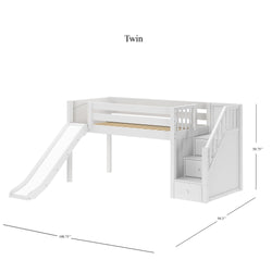 White twin loft bed with slide and stairs, featuring built-in storage drawers, dimensions included.