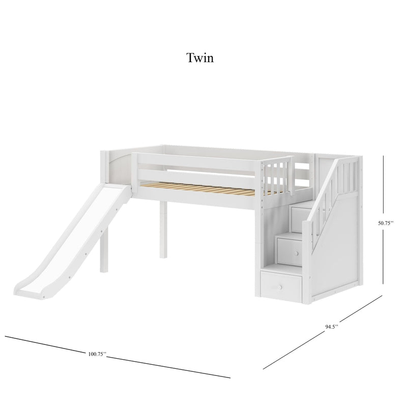 White twin loft bed with slide and built-in staircase storage drawers, solid wood frame with guardrails and slatted mattress base, space-saving kids bed, approx. 94.5 in x 100.75 in