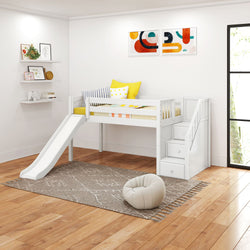 Kids' white loft bed with slide and stairs in modern children's bedroom with colorful decor and natural light.