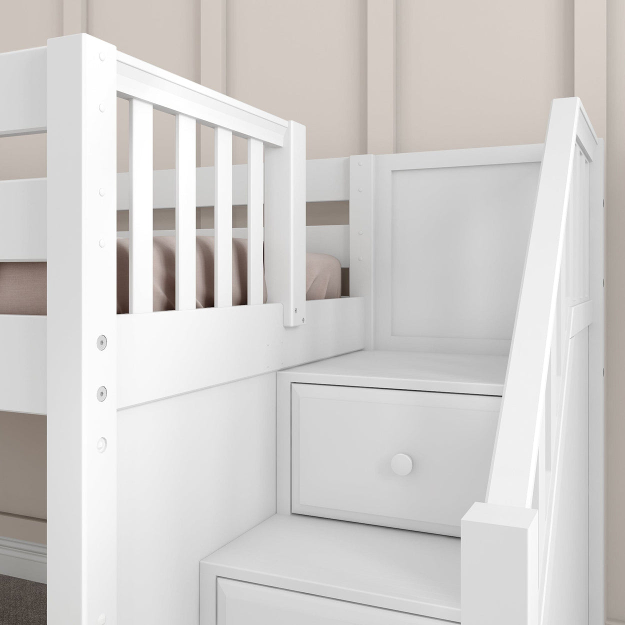 White bunk bed with built-in storage drawers and staircase in a children's bedroom.