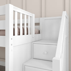 White bunk bed with built-in storage drawers and staircase in a children's bedroom.
