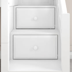 White wooden staircase with built-in storage drawers.