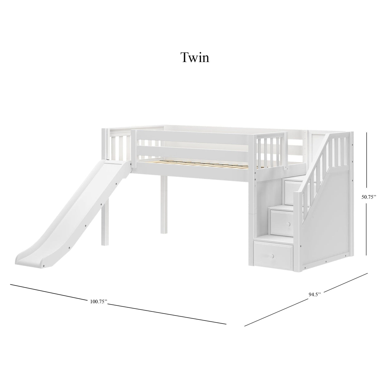 Twin loft bed with slide and stairs in white, featuring storage drawers and a sturdy design measuring 100.75 inches long, 94.5 inches wide, and 50.75 inches high.