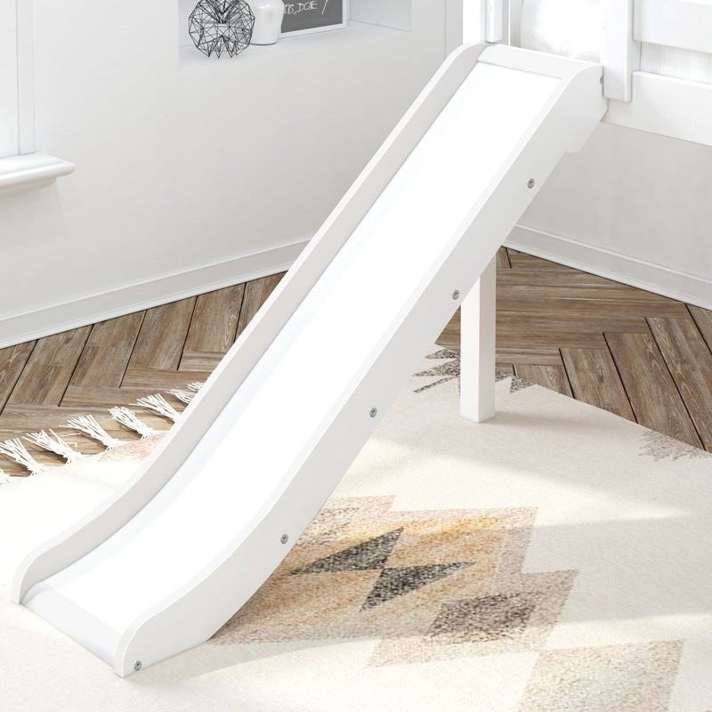 White wooden loft bed slide for kids in modern nursery playroom with hardwood flooring and geometric patterned rug